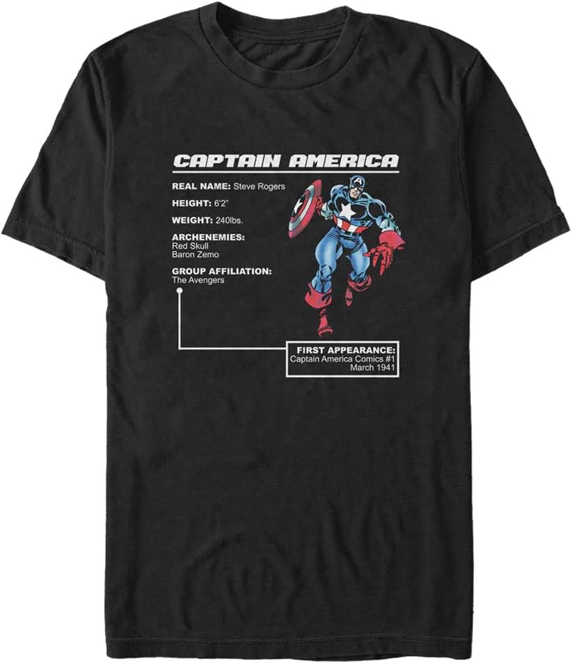 Marvel Big & Tall Classic Captain America Stats Men's Tops Short Sleeve Tee Shirt T-Shirt | Premium Quality