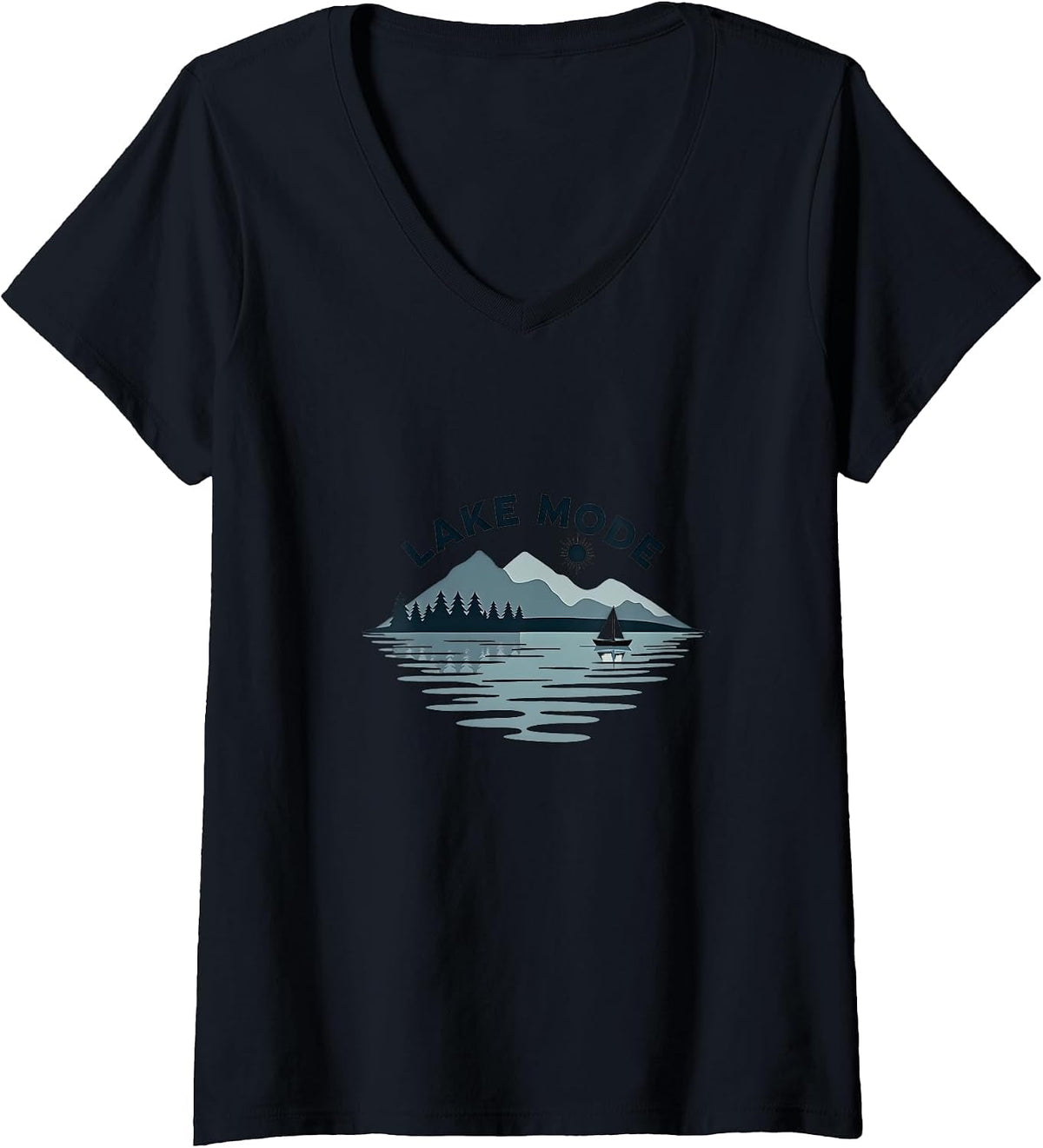 Womens Lake Mode Tranquil Mountain Sailboat Scene V Neck Apparel High Search Demand Everyday Wear