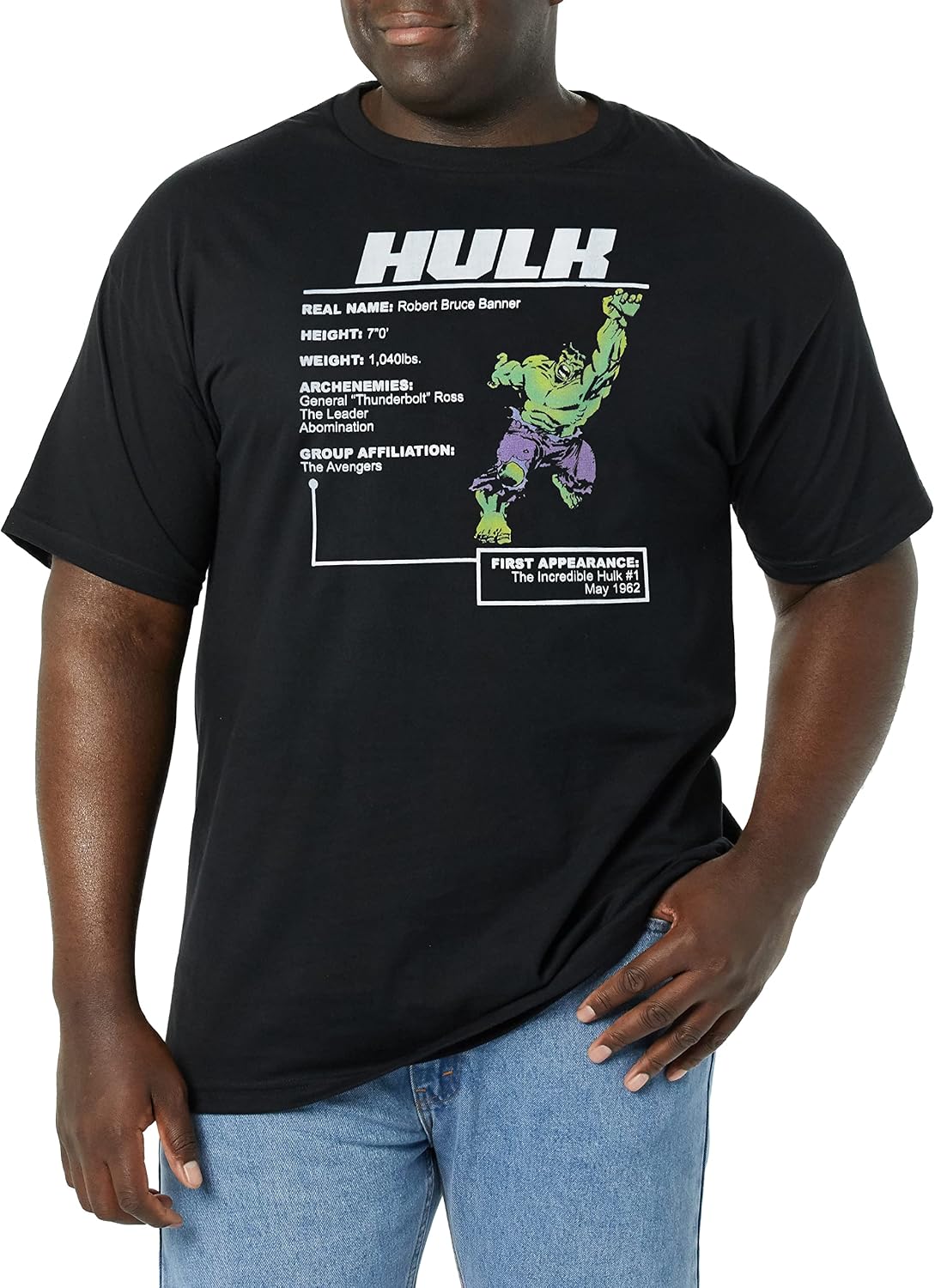 Marvel Big & Tall Classic The Hulk Stats Men's Tops Short Sleeve Tee Shirt T-Shirt | Aesthetic Streetwear