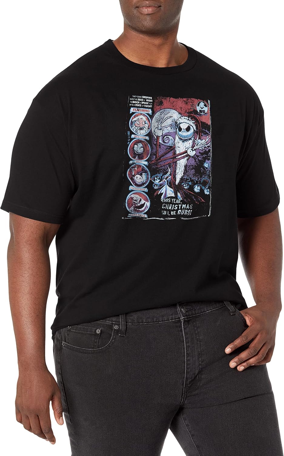 Disney Big Christmas First Nightmare Men's Tops Short Sleeve Tee Shirt, Black, Large Tall T-Shirt | US Viral Style
