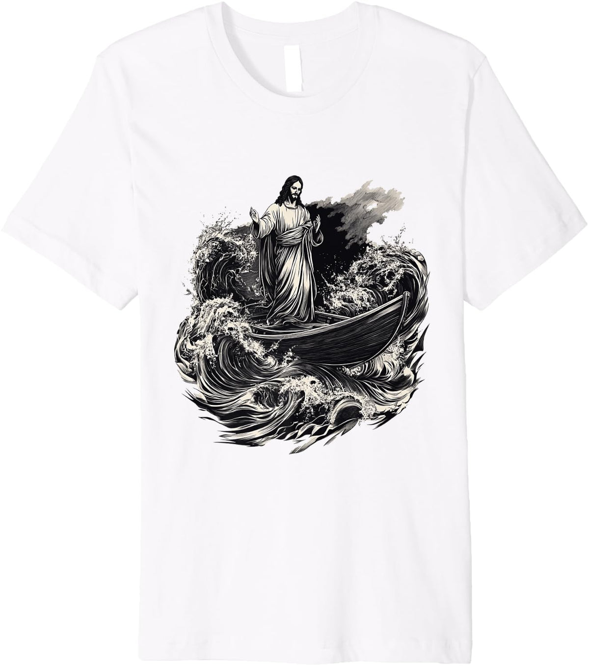 Jesus Standing on Boat Amid Storm Waves Premium Apparel High Search Demand Best Seller Look