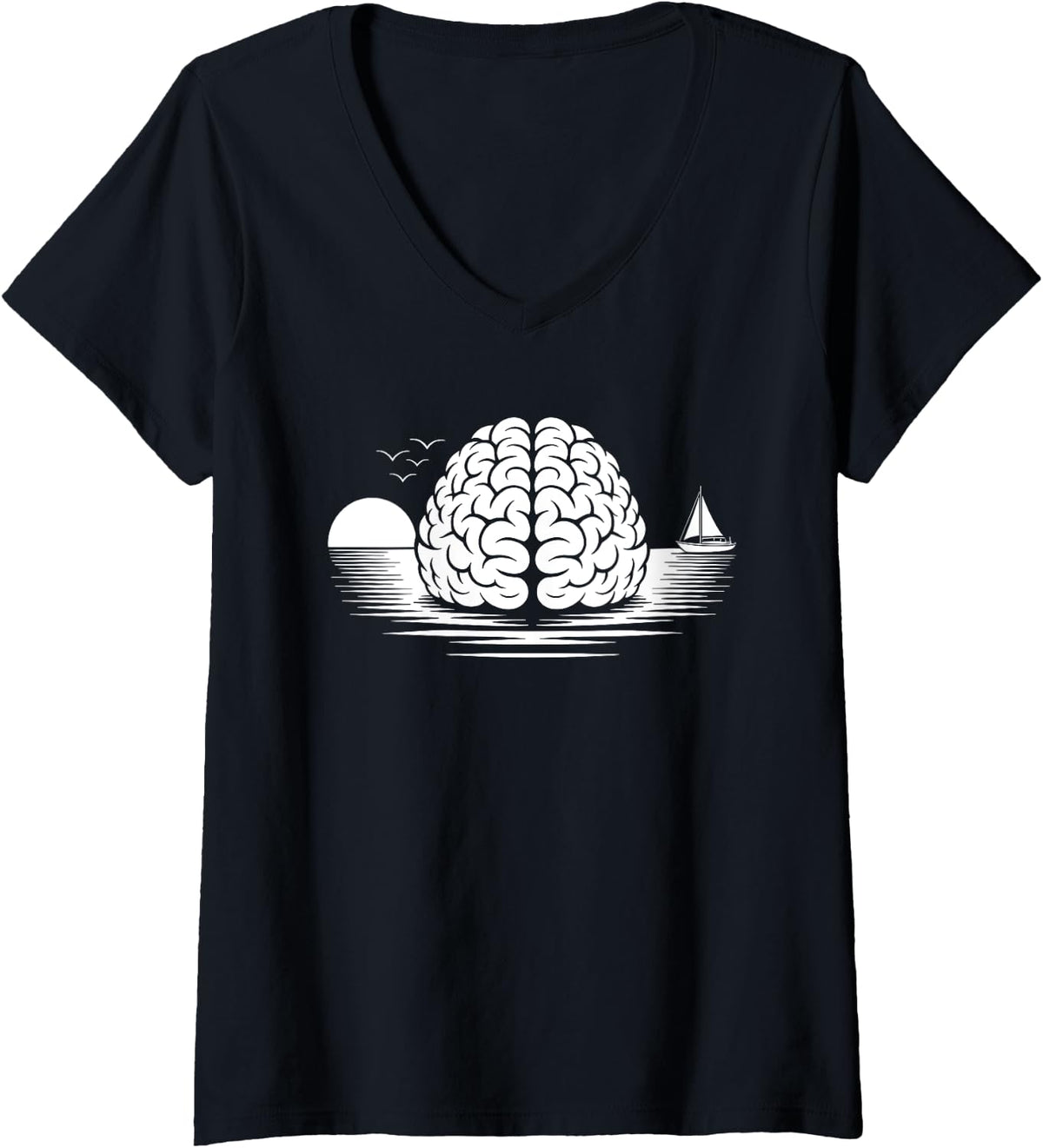 Womens Brain Island Ocean Sunset Sailboat Mindfulness Art V Neck Apparel Comfort Fit Fan Favorite