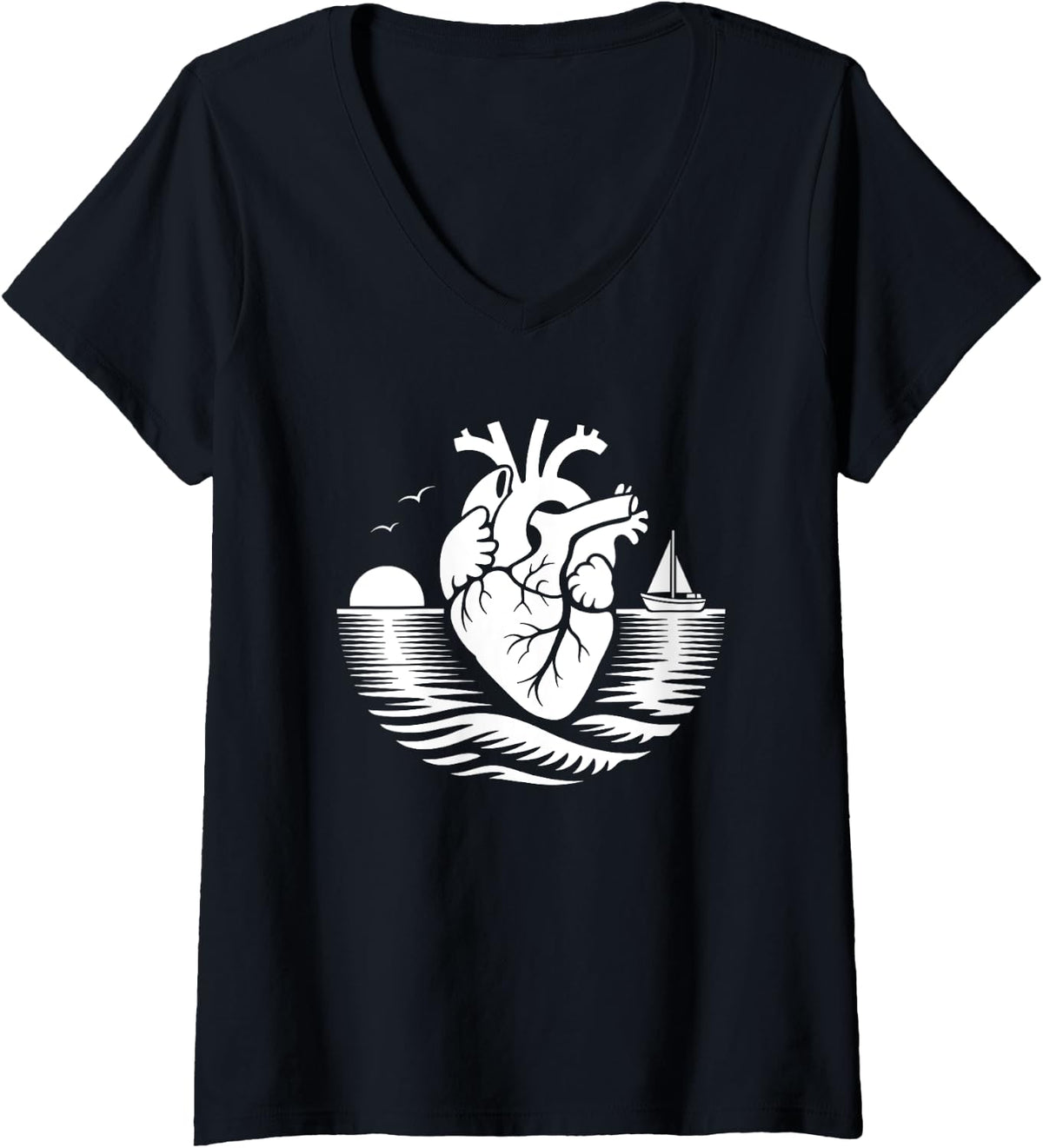 Womens Anatomical Heart Ocean Sunset Nautical Sailboat Surreal Sea V Neck Apparel High Search Demand Hot Right Now