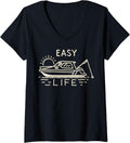 Womens Easy Life Boat Fishing Boating Lover Lake Ocean Vacation V Neck Apparel Comfort Fit Best Seller Look