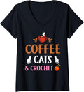 Womens Funny Coffee Cats & Crochet Design For Cat Yarn Knitting V-Neck Yarn Supply | Viral US Pick | Best Seller Choice