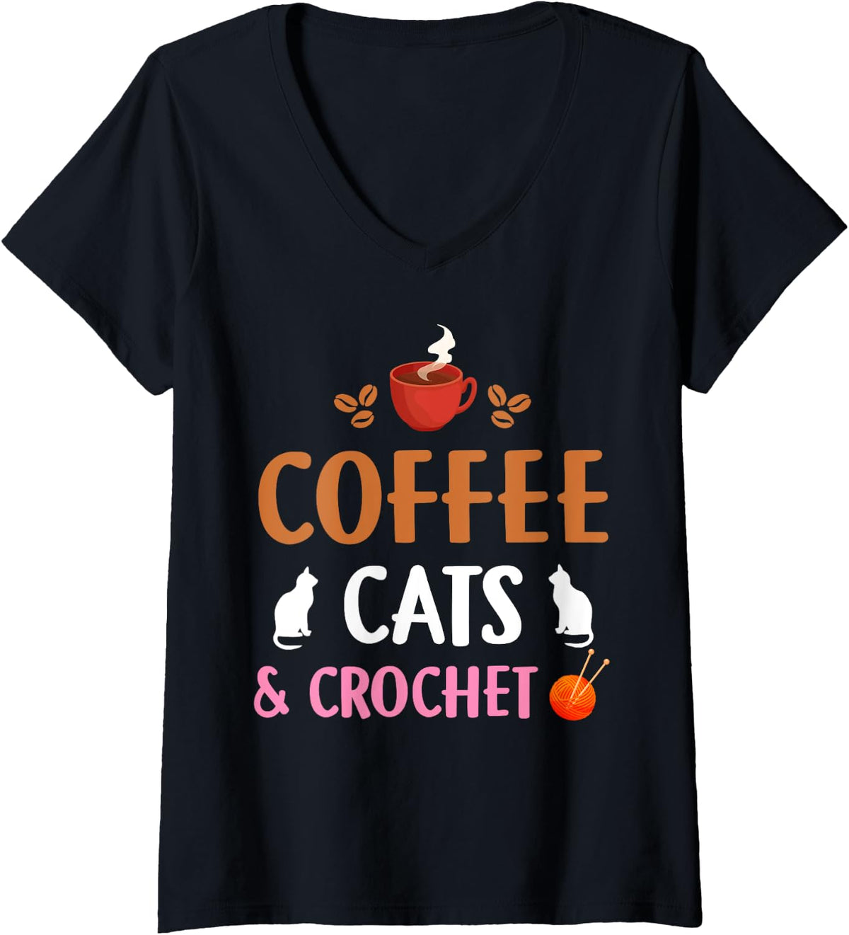 Womens Funny Coffee Cats & Crochet Design For Cat Yarn Knitting V-Neck Yarn Supply | Viral US Pick | Best Seller Choice