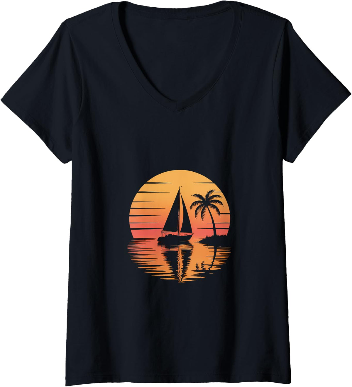 Womens Sailboat Palm Tree Sunset Souvenir Tropical Beach Sailboat V Neck Apparel Comfort Fit Everyday Wear