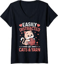 Womens Easily Distracted By Cats and Yarn Funny Crocheting Lover V-Neck Yarn Supply | Trending 2025 | Customer Favorite
