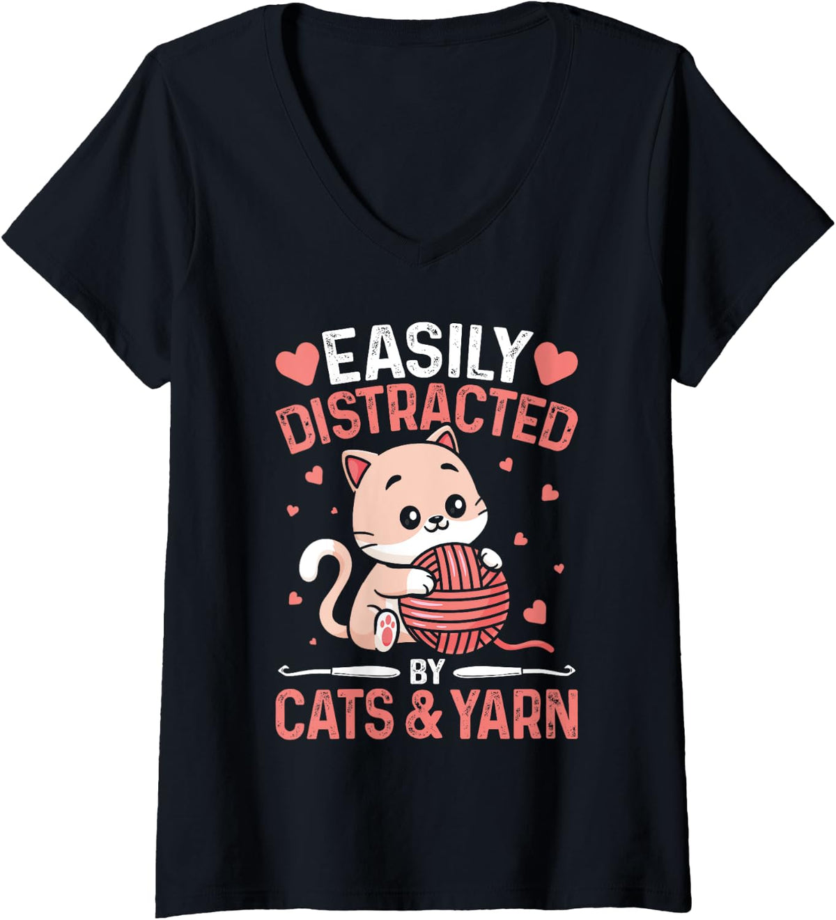 Womens Easily Distracted By Cats and Yarn Funny Crocheting Lover V-Neck Yarn Supply | Trending 2025 | Customer Favorite