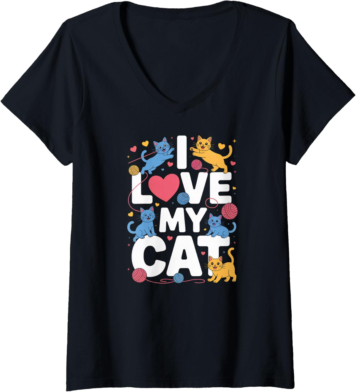 Womens I Love My Cat Cute Kittens Heart Yarn V-Neck Yarn Supply | Viral US Pick | Best Seller Choice