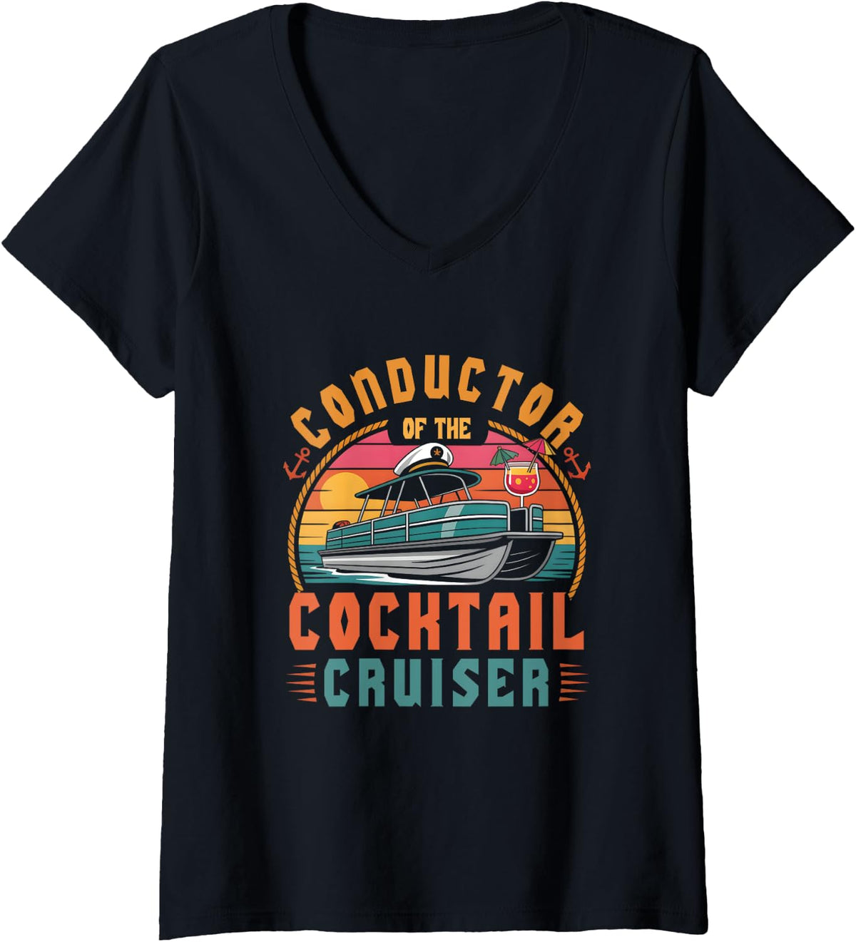 Womens Conductor Of The Cocktail Cruiser Pontooning Boat Captain V Neck Apparel Trending US Everyday Wear