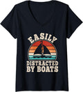 Womens Easily Distracted By Boats Sailing Captain Boating Men Women V Neck Apparel Trending US Fan Favorite