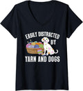 Womens Easily Distracted By Yarn And Dogs Lover Funny Crocheting V-Neck Yarn Supply | Top Rated | Customer Favorite