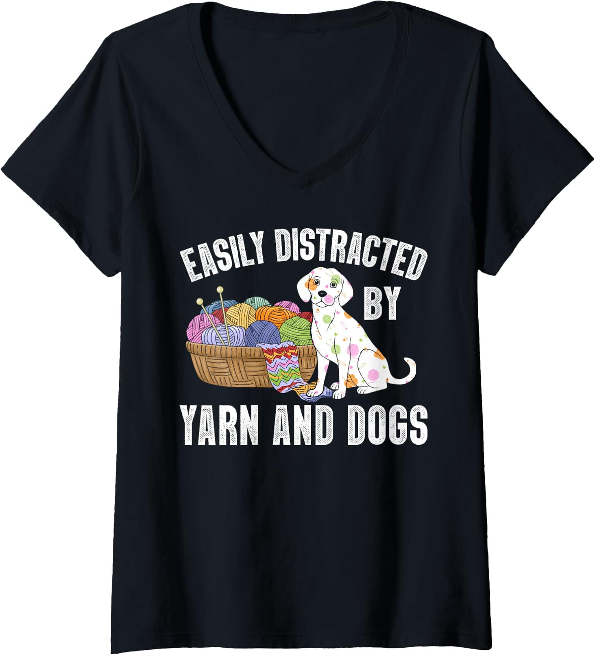 Womens Easily Distracted By Yarn And Dogs Lover Funny Crocheting V-Neck Yarn Supply | Top Rated | Customer Favorite