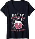 Womens Easily Distracted By Cats And Yarn Crocheting Lover V-Neck Yarn Supply | High Search Volume | Best Seller Choice