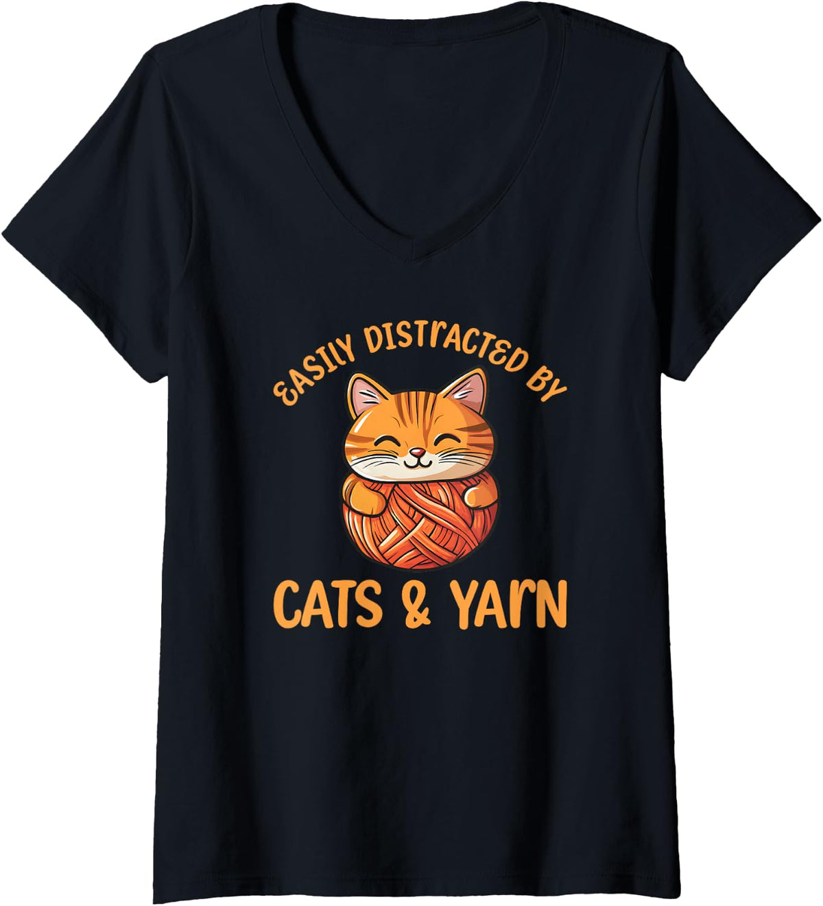 Womens Easily Distracted By Cats And Yarn, Kitten Lover Crochet V-Neck Yarn Supply | Top Rated | Best Seller Choice