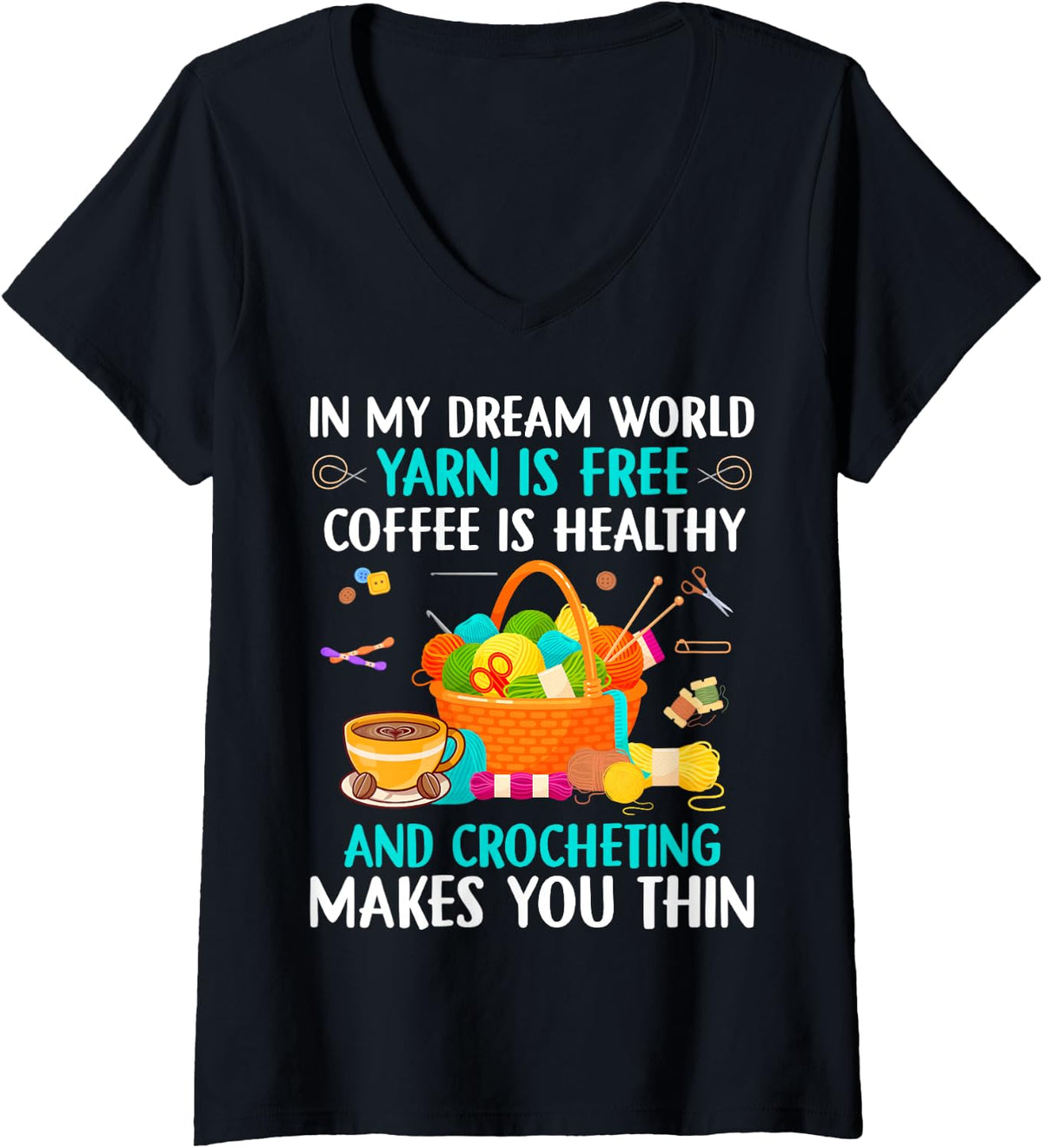 Womens Crochet Yarn Coffee Lover Design Crocheting Yarn knitting V-Neck Yarn Supply | Viral US Pick | High CTR Title