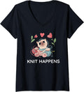Womens Knit Happens Cute Cat with Balls of Yarn Knitting Design V-Neck Yarn Supply | High Search Volume | High CTR Title