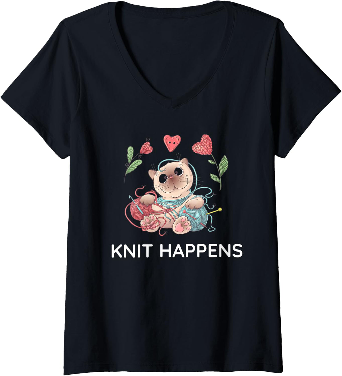 Womens Knit Happens Cute Cat with Balls of Yarn Knitting Design V-Neck Yarn Supply | High Search Volume | High CTR Title