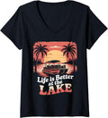 Womens Retro Sunset Life is Better at the Lake Vintage Pontoon Boat V Neck Apparel Streetwear Style Hot Right Now