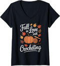 Womens Fall in Love with Crocheting Thanksgiving Autumn Yarn V-Neck Yarn Supply | Trending 2025 | Best Seller Choice