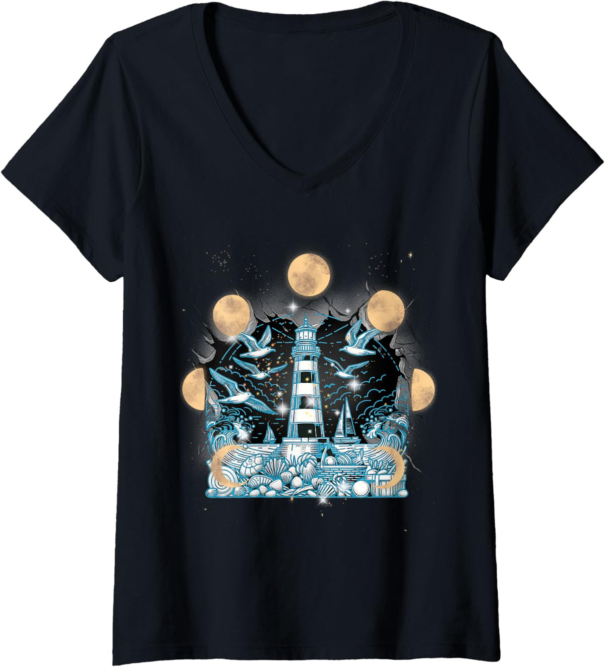 Womens Maritime Lighthouses Seagulls Moon Phase Women Men Child Boats V Neck Apparel Comfort Fit Best Seller Look
