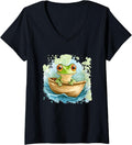 Womens Funny Adventure Frog in Boat with Awesome Colors V Neck Apparel Premium Print Gift Ready