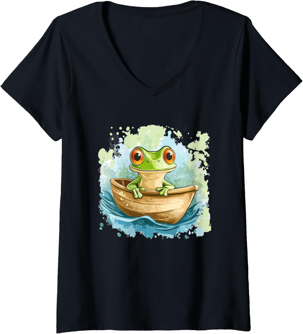 Womens Funny Adventure Frog in Boat with Awesome Colors V Neck Apparel Premium Print Gift Ready
