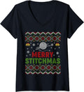 Womens Merry Stitchmas Ugly Xmas Sweater Knitting Yarn Christmas V-Neck Sweater | Viral US Pick | Perfect for Crafters