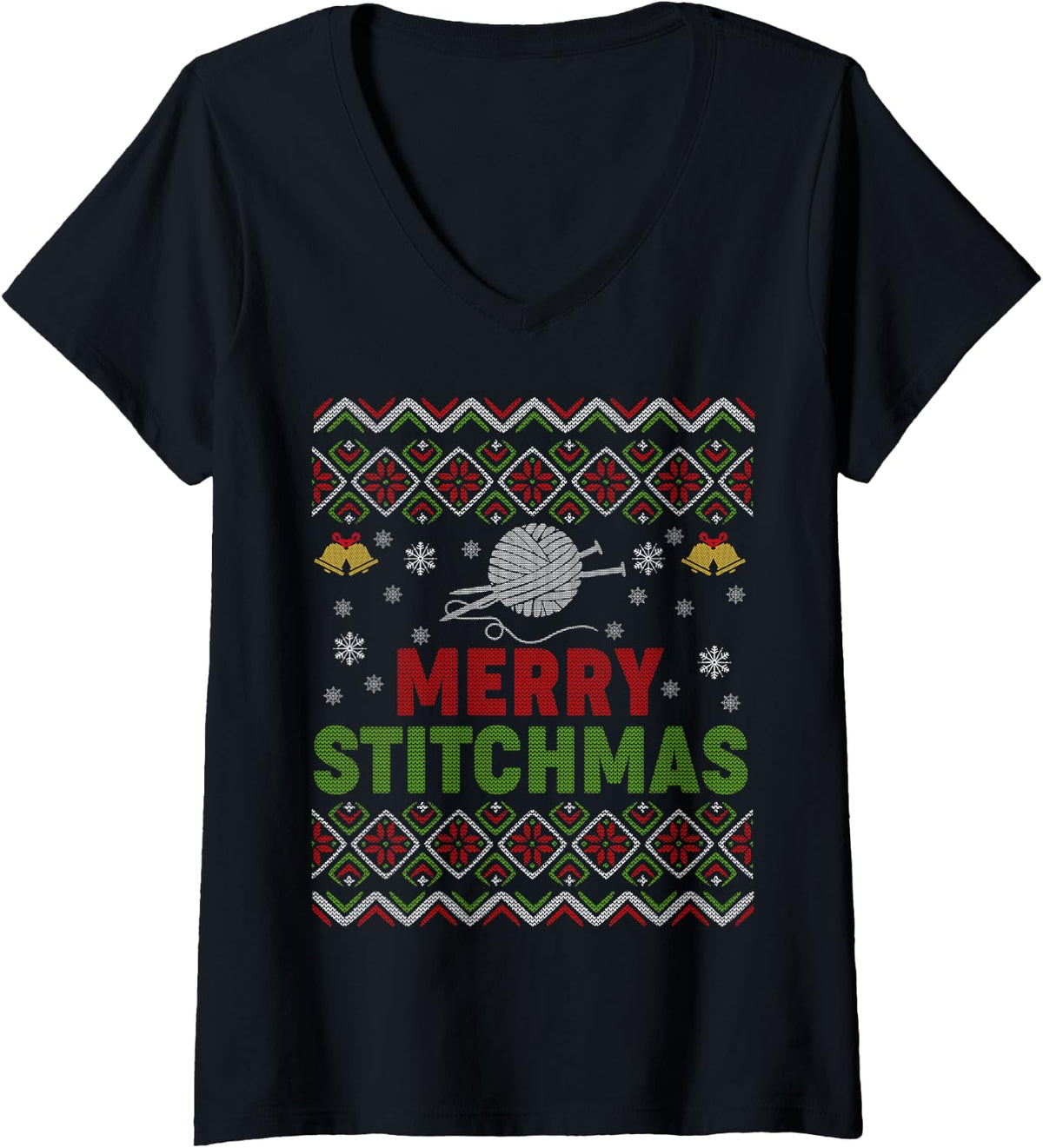 Womens Merry Stitchmas Ugly Xmas Sweater Knitting Yarn Christmas V-Neck Sweater | Viral US Pick | Perfect for Crafters