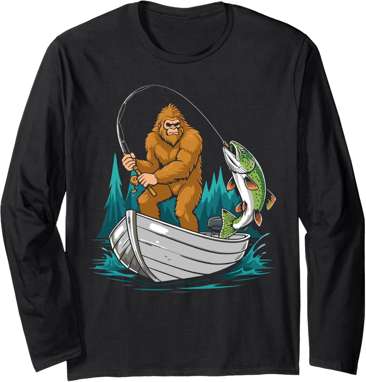 Bigfoot fishing boating sasquatch fishing boat Long Sleeve Long Sleeve T Shirt Premium Print US Top Pick