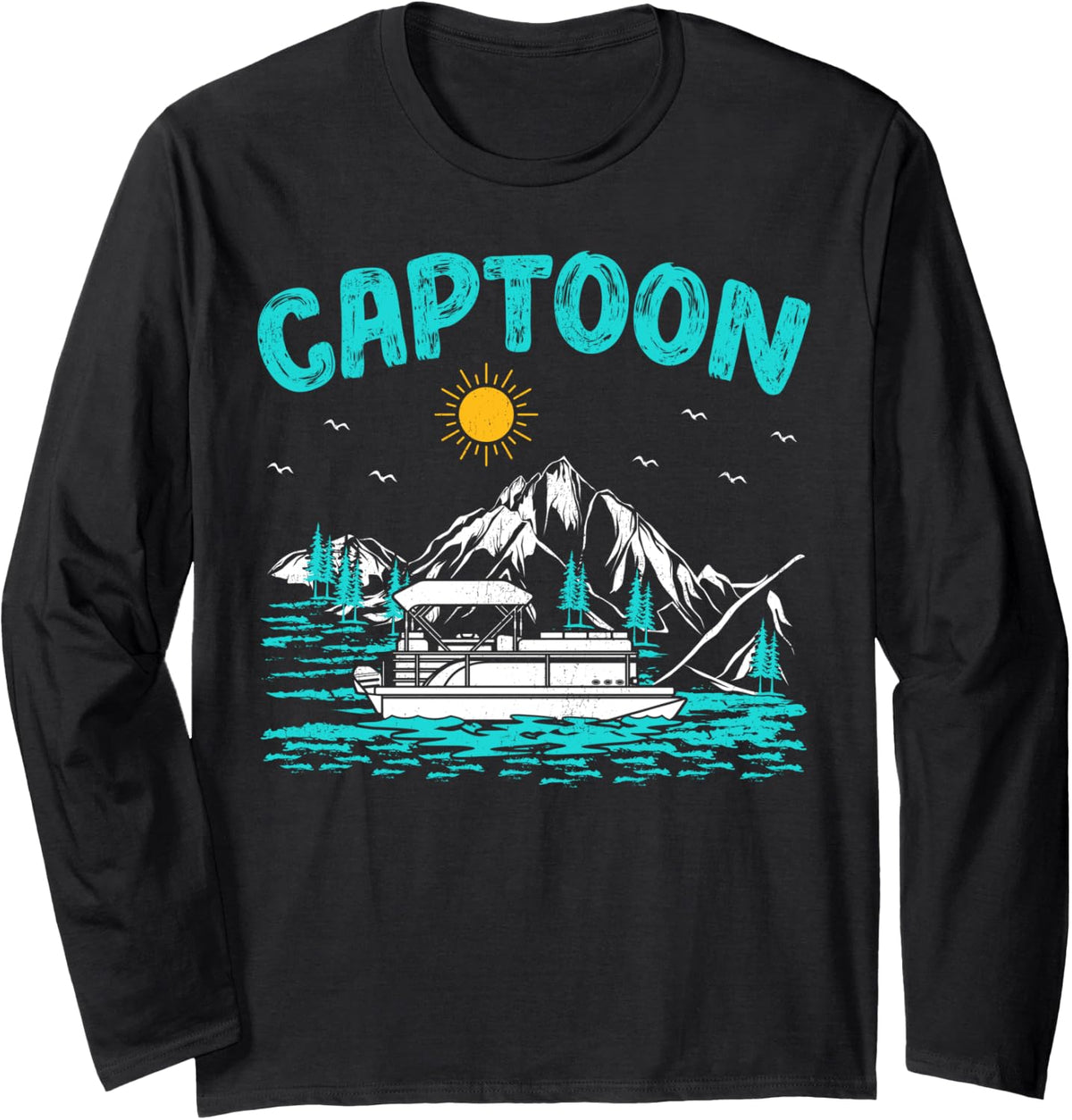 Captoon Pontoon Retro Lake Sunset Pontoon Boat Boating Long Sleeve Long Sleeve T Shirt Streetwear Style Fan Favorite