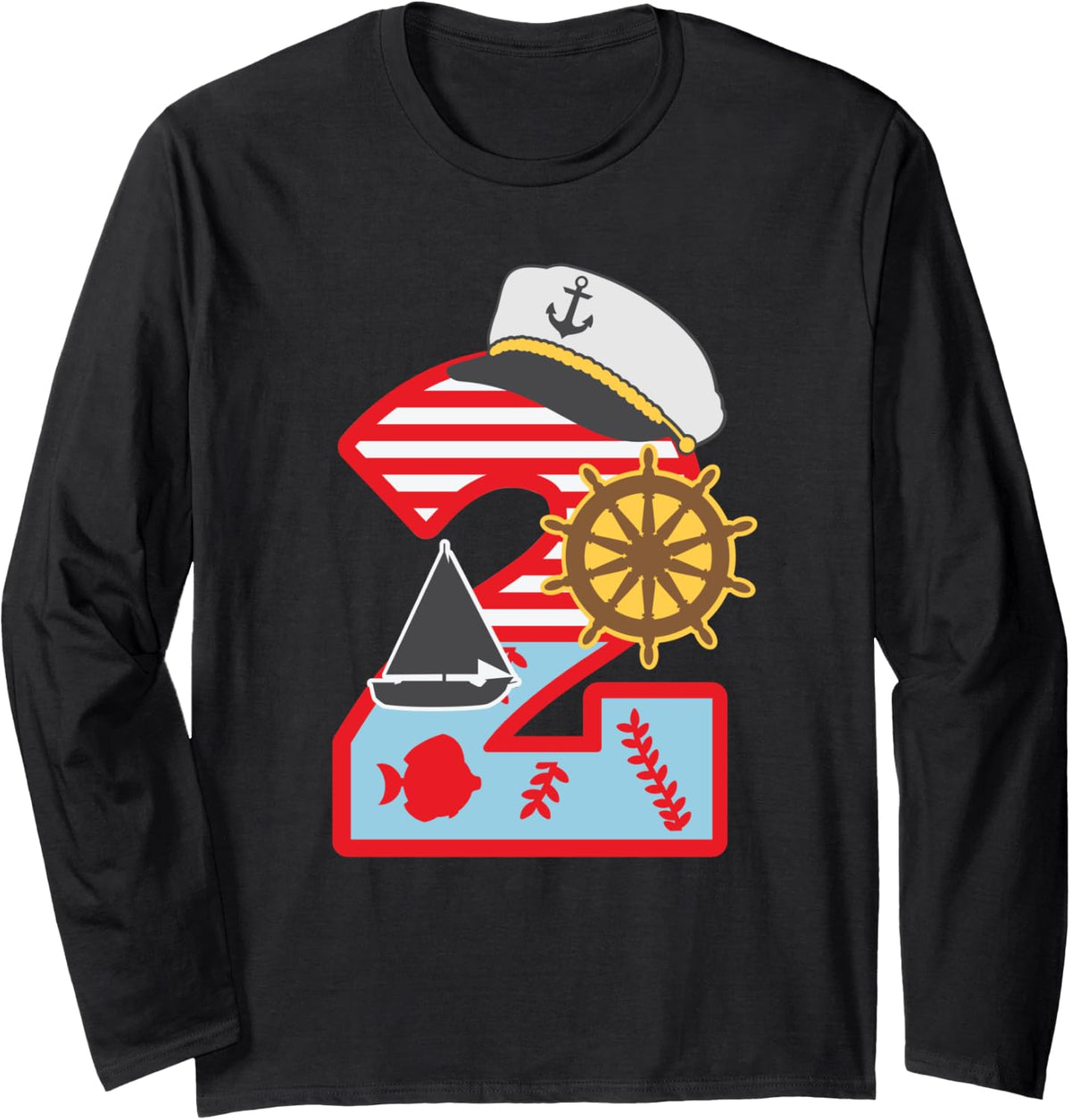 2nd Birthday Boy 2 Year Old Little Sailboat Nautical Anchor Long Sleeve Long Sleeve T Shirt Streetwear Style Everyday We