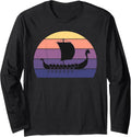 Cool Viking Ship Retro Sunset Ancient Norse Nordic Boat Long Sleeve Long Sleeve T Shirt Streetwear Style Best Seller Loo