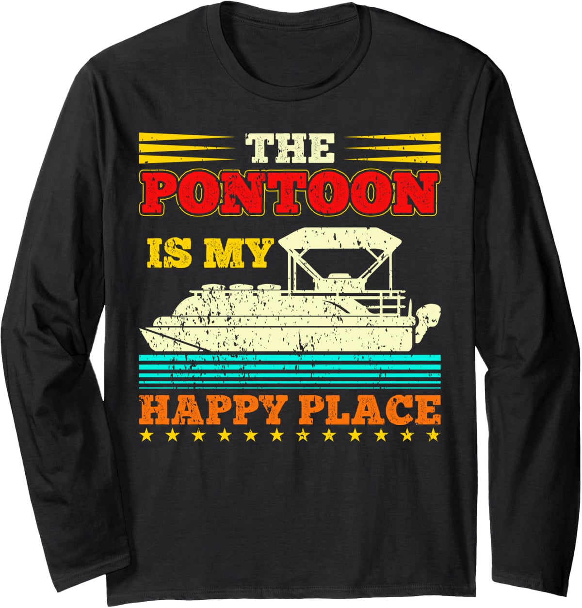 Happy Place Pontoon Boat Captain Retro Vintage Novelty Long Sleeve Long Sleeve T Shirt Comfort Fit Everyday Wear