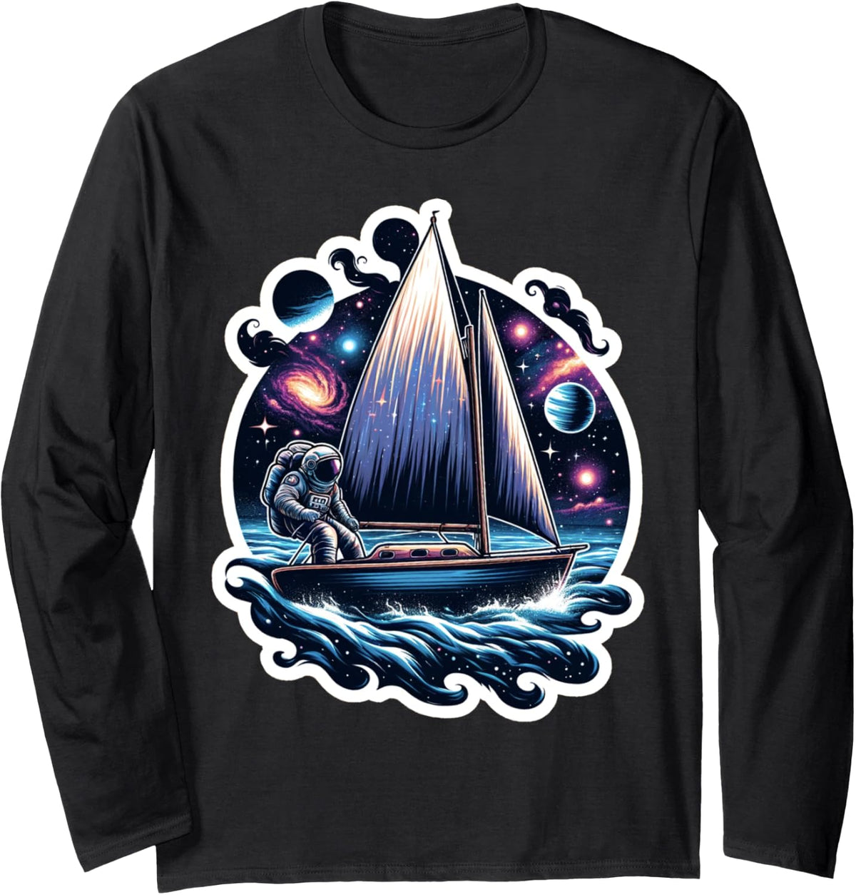 Astronaut Sailing on Boat in Space Ocean Lake Cool Artistic Long Sleeve Long Sleeve T Shirt Trending US Hot Right Now