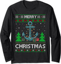Ugly Xmas Sweater Style Lights Santa Boat Anchor Christmas Long Sleeve Sweater Premium Print Gift Ready