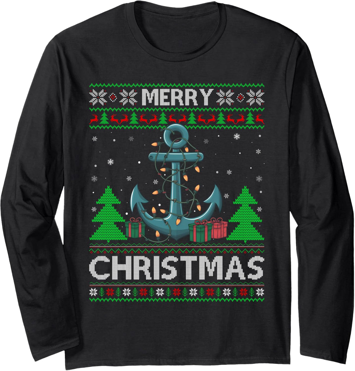 Ugly Xmas Sweater Style Lights Santa Boat Anchor Christmas Long Sleeve Sweater Premium Print Gift Ready