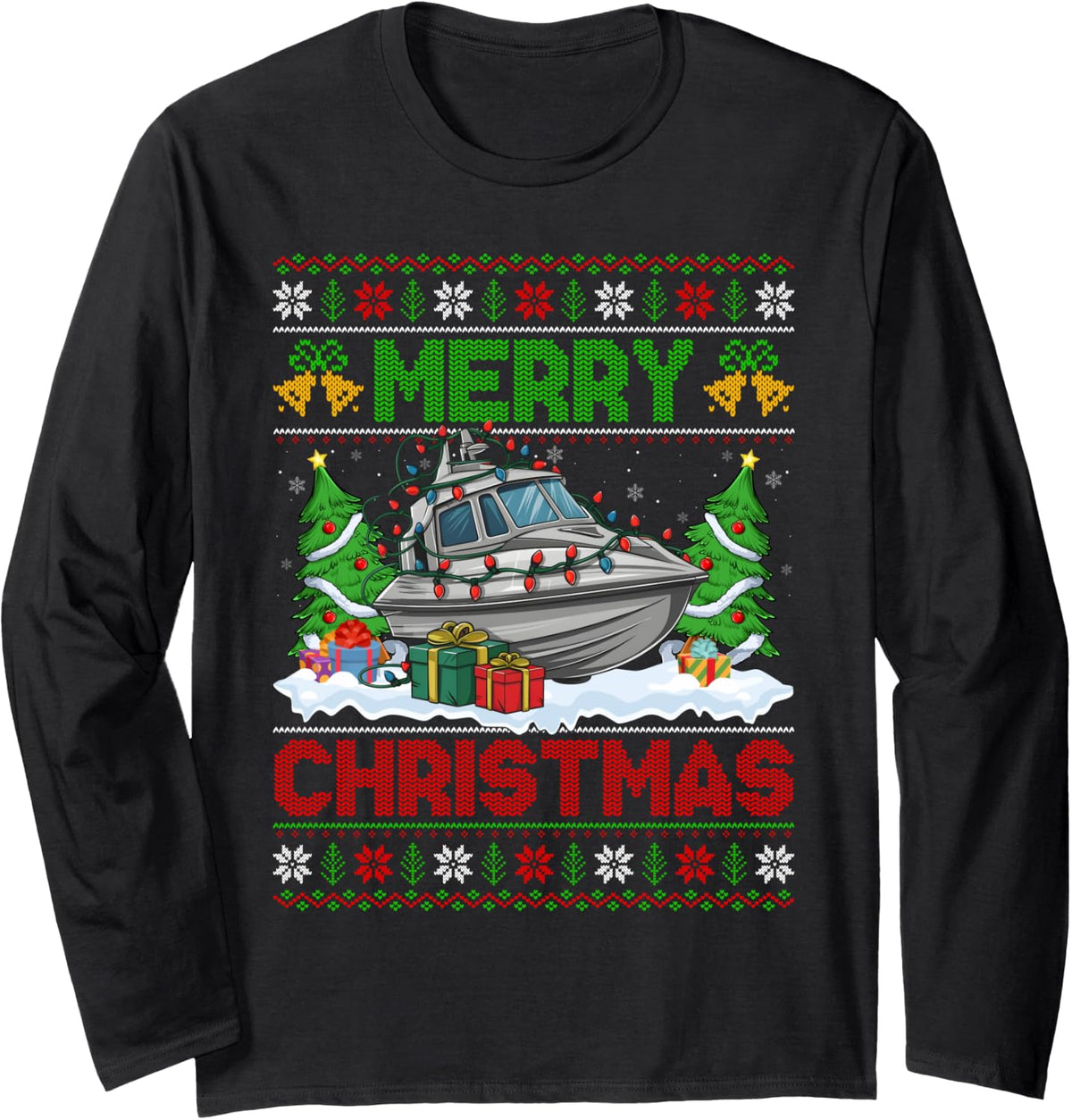 Xmas Tree Lighting Ugly Santa Hat Jet Boat Christmas Long Sleeve Long Sleeve T Shirt Viral TikTok Find Best Seller Look