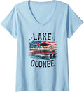 Womens Lake Oconee American Flag Pontoon Boat V Neck Apparel Streetwear Style Best Seller Look