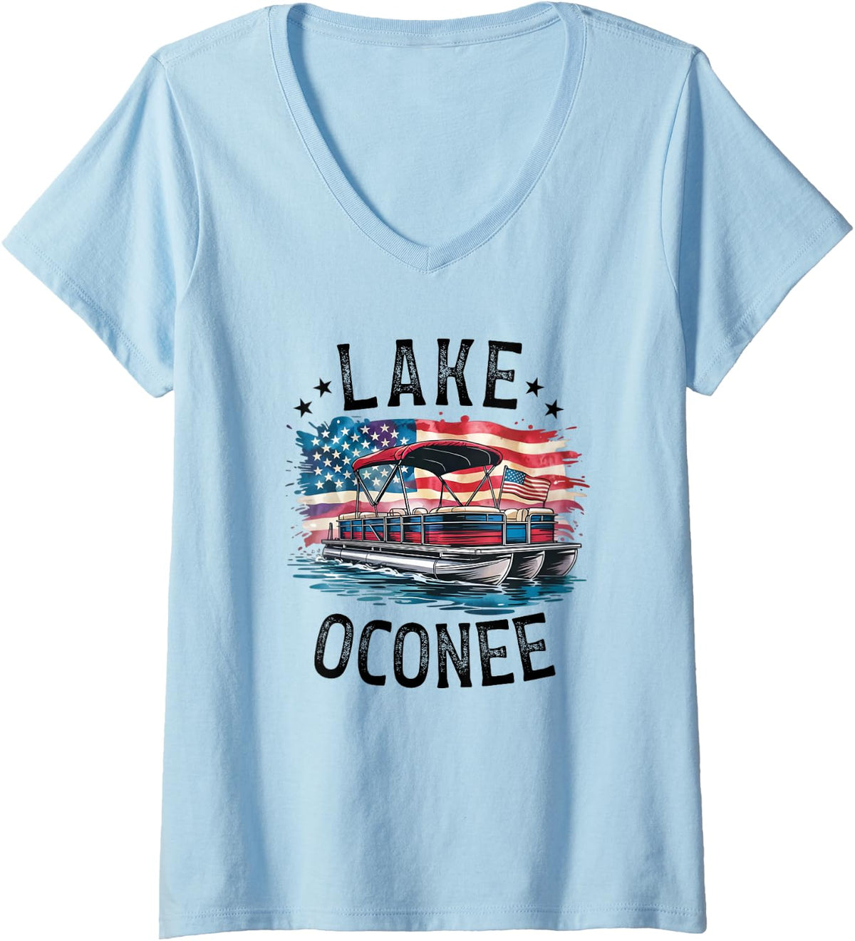 Womens Lake Oconee American Flag Pontoon Boat V Neck Apparel Streetwear Style Best Seller Look