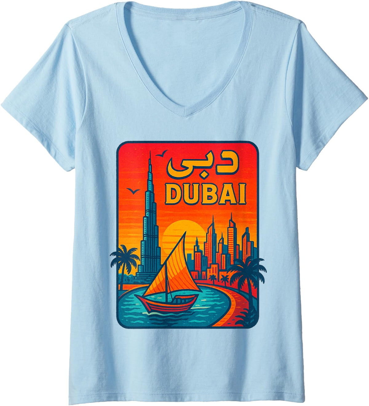 Womens Dubai Skyline Desert Vibes Travel Souvenir Boat Design V Neck Apparel High Search Demand Hot Right Now