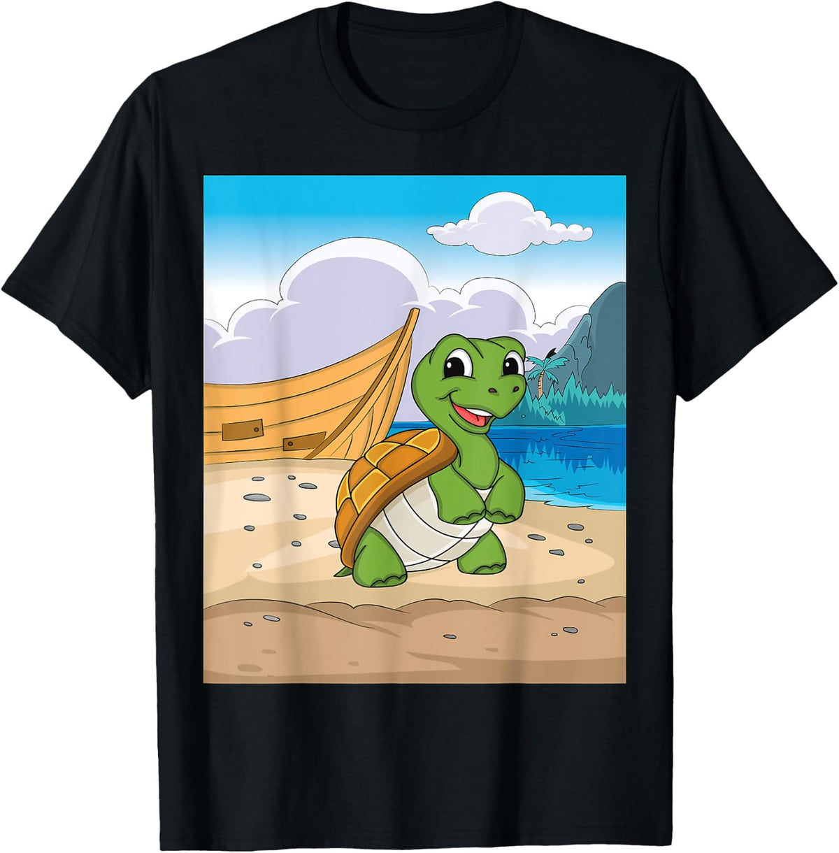 Smiling green turtle on the beach with a boat Apparel Comfort Fit Everyday Wear