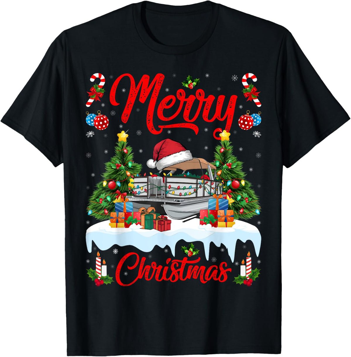 Xmas Tree Lighting Santa Hat Pontoon Boat Christmas Apparel Streetwear Style Everyday Wear