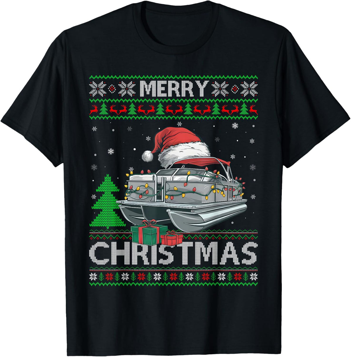 Ugly Xmas Sweater Style Lights Santa Pontoon Boat Christmas Sweater Streetwear Style Gift Ready