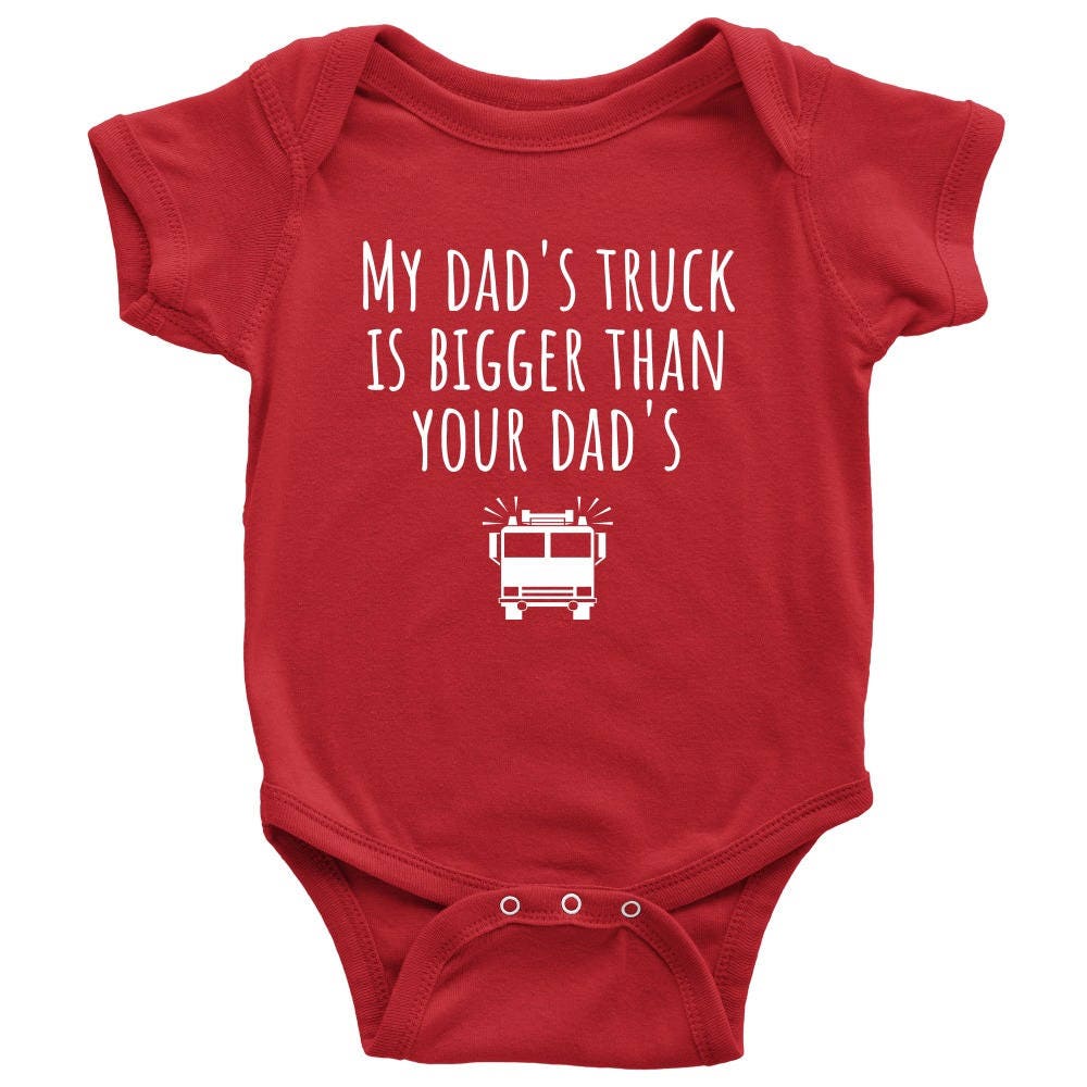 Cute Baby Onepiece Firefighter Baby Shirt My Dad39s Truck Firetruck Onepiece Baby Shower Gift Idea Many Sizes And Colors Graphic Tee – Soft Feel · Great Gift For Fans