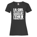 Give A Girl The Right Shoes And She Will Conquer The World Womens Horses Ladyfit T Shirt Horse Riding Jumping Equestrian Graphic Tee – Cozy Vibes · Great Gift For Fans