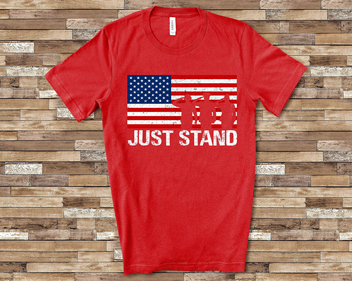 Just Stand AntiSwoosh Don39t Kneel USA Flag Patriotic American TShirt Stand Up for the National Anthem Graphic Tee – Fan Favorite · Trending Graphic Apparel