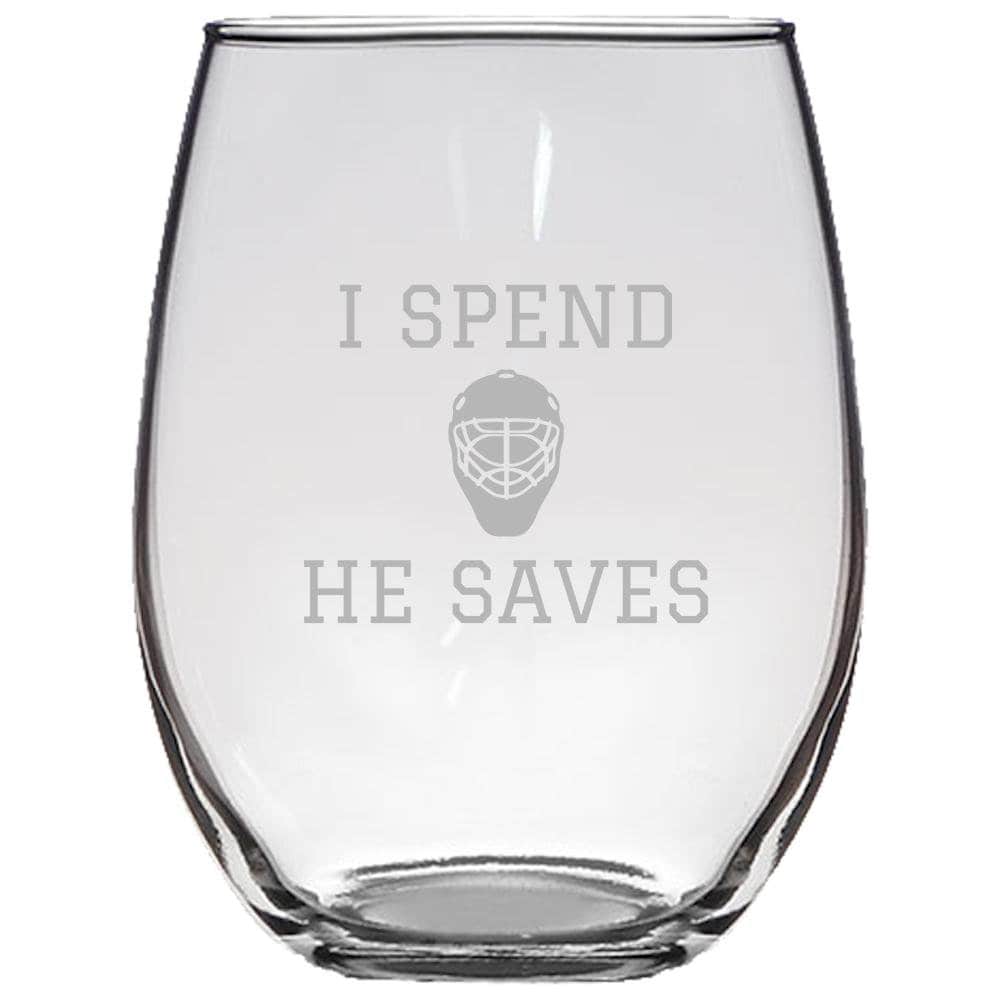 Hockey Mom Gift Goalie Mom Present Hockey Goalie Mother Mother39s Day Mother39s Birthday I Spend He Saves Stemless Wine Glass Graphic Tee – Bold Style · Must-Have Style