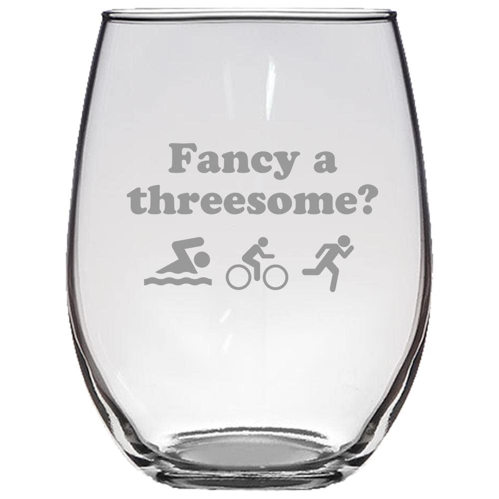 Triathlon Stemless Wine Glass Funny Triathlon Gift Triathlete Present Fancy A Threesome Graphic Tee – Bold Style · Top Pick For Any Outfit